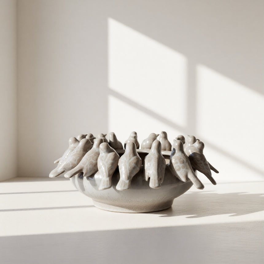 Keramikinis indas PAUKŠČIAI smėlio rusvos spalvos 32x14 cm