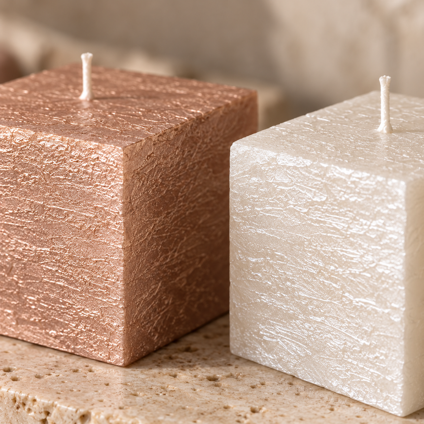 Kvadratinė žvakė „Rustic Metalic“ 7x7x7 cm – tekstūra iš arti