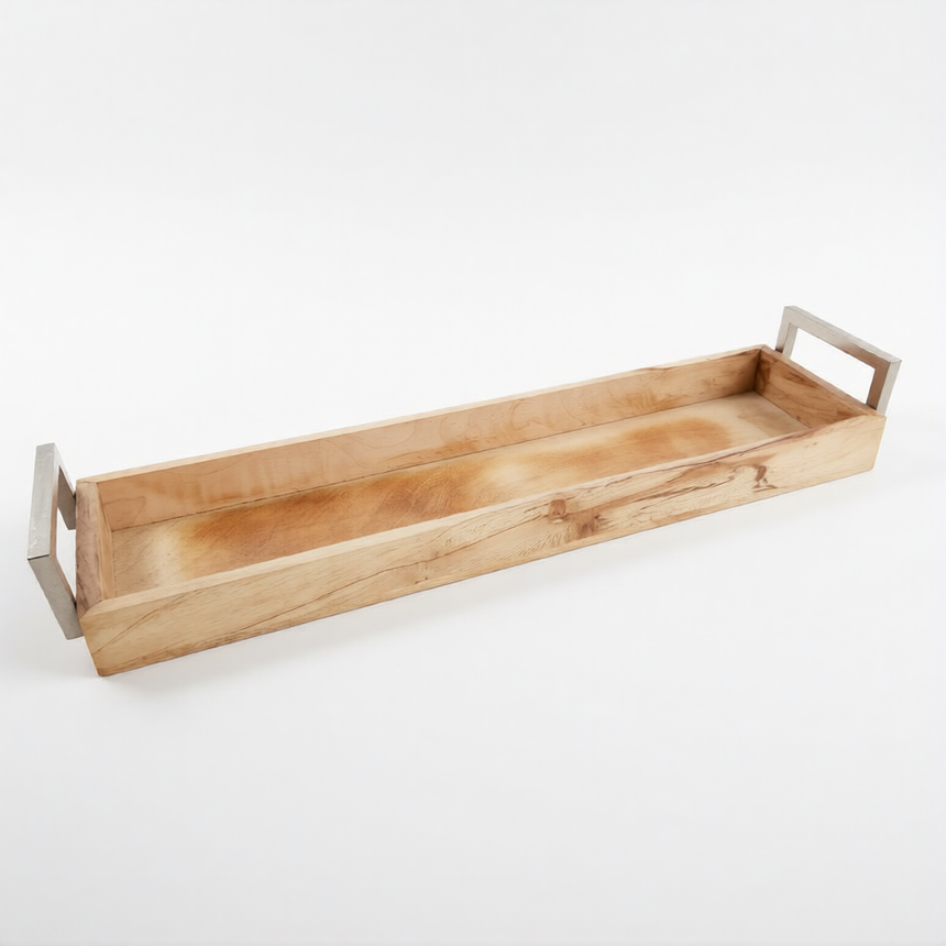 Medinis padėklas su metalo rankenėlėmis 8x50,5x12,5 cm