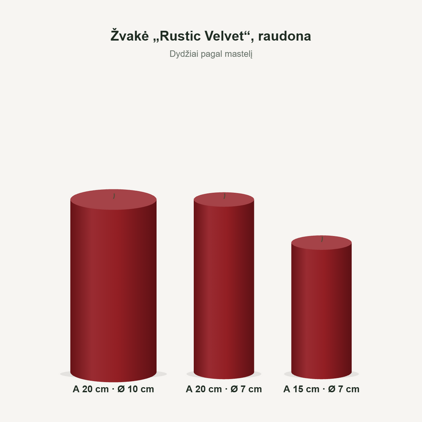 Žvakė „Rustic Velvet“, raudona – dydžiai
