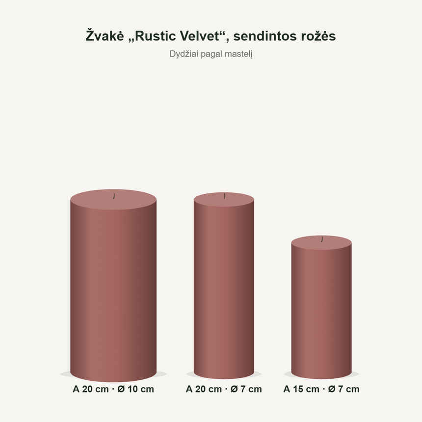Žvakė „Rustic Velvet“, sendintos rožės – dydžiai