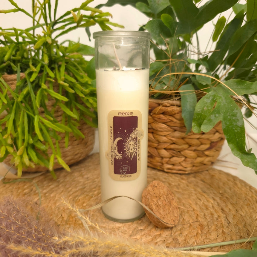 Aromaterapinė sojų vaško žvakė puošta samaniniu agatu akmeniu| Velvetinio mėnulio aromato