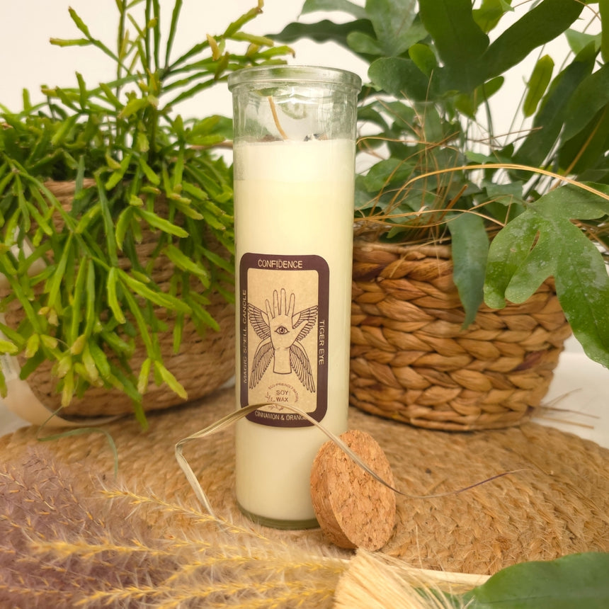 Aromaterapinė žvakė PASITIKĖJIMAS | cinamono aromato su tigro akies akmenimis, sojų vaškas