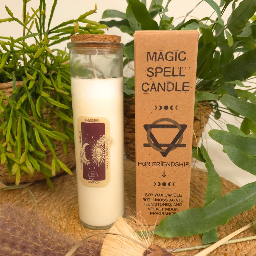 Aromaterapinė sojų vaško žvakė puošta samaniniu agatu akmeniu| Velvetinio mėnulio aromato