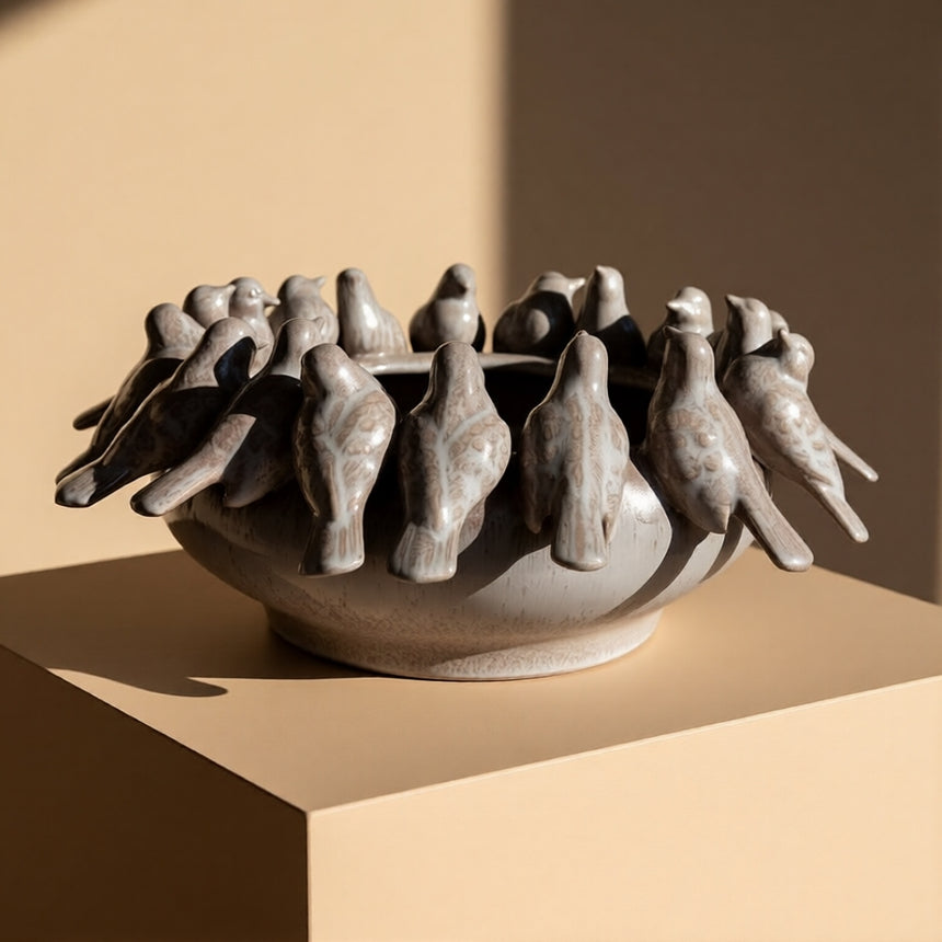 Keramikinis indas PAUKŠČIAI smėlio rusvos spalvos 32x14 cm