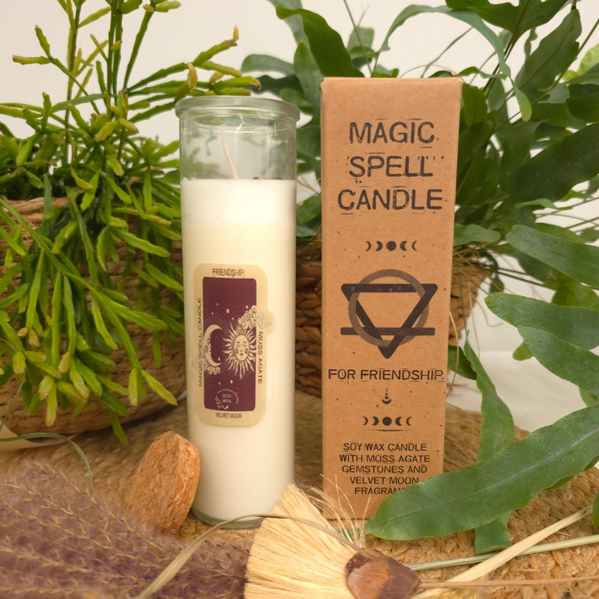 Aromaterapinė sojų vaško žvakė puošta samaniniu agatu akmeniu| Velvetinio mėnulio aromato