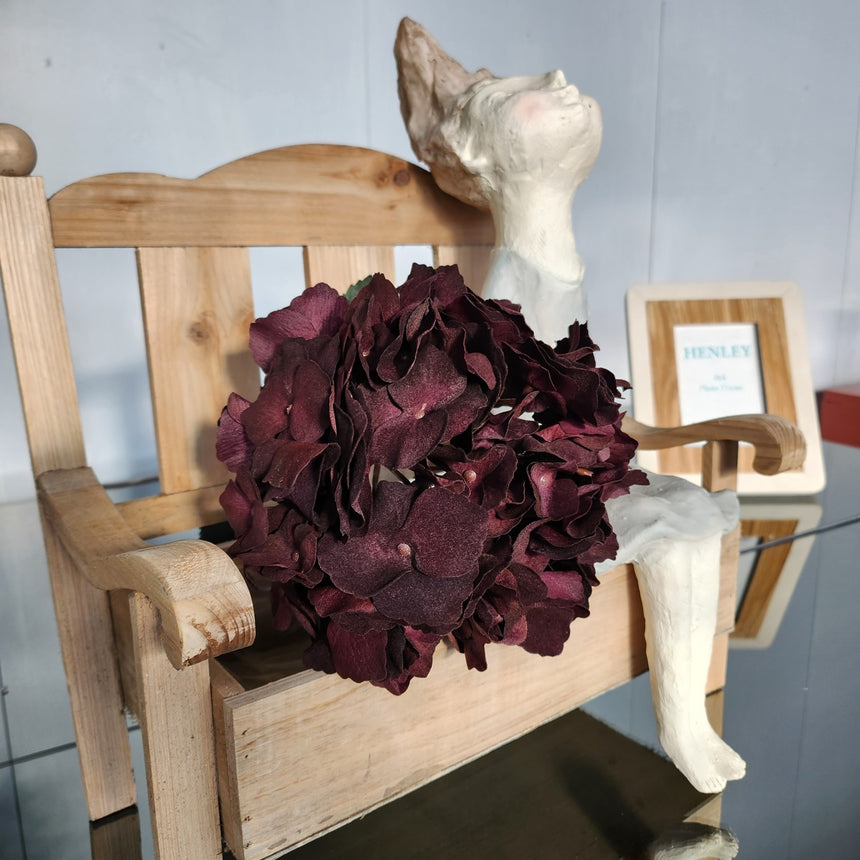 Aksominių hortenzijos žiedų šaka 78 cm-burgundo raudonos spalvos