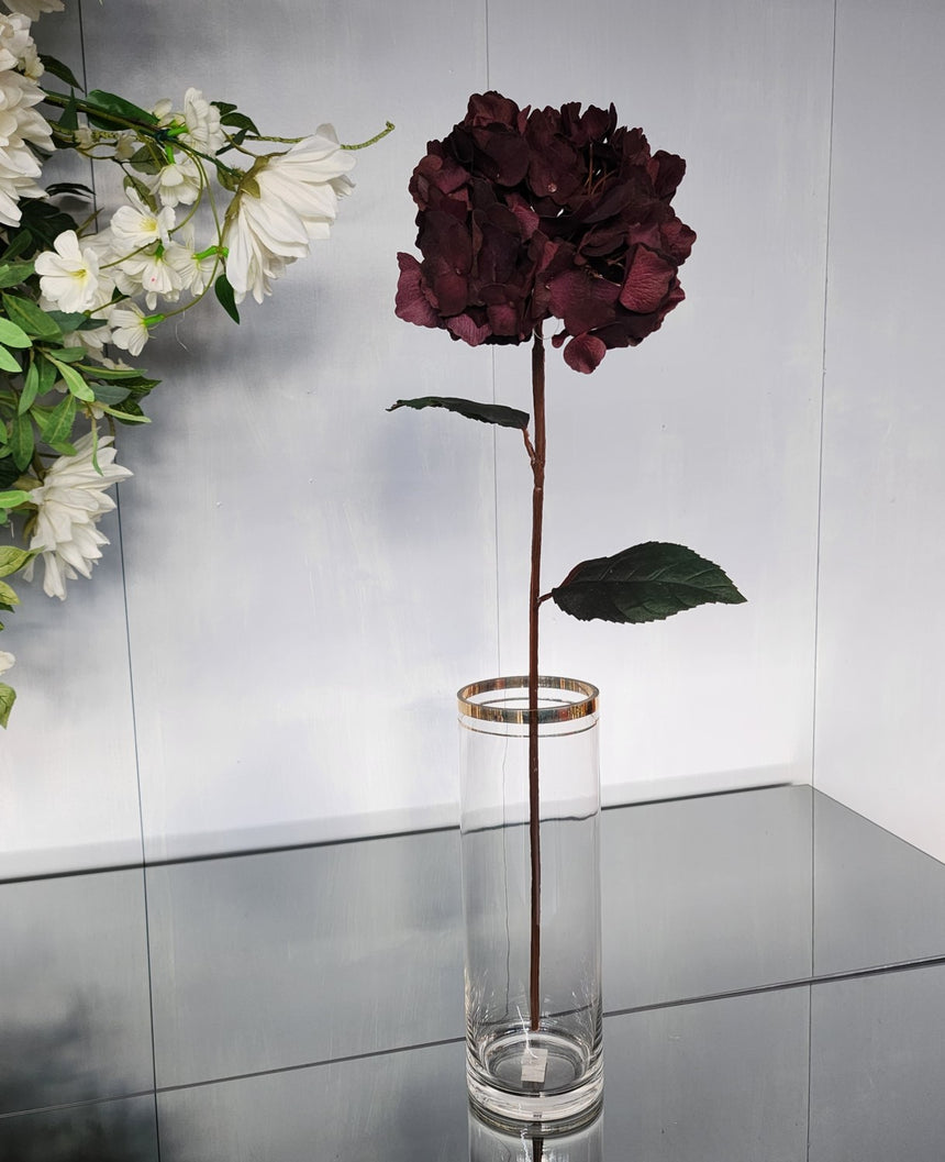 Aksominių hortenzijos žiedų šaka 78 cm-burgundo raudonos spalvos