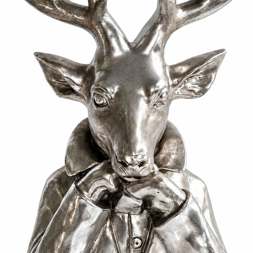 Sidabrinė pastatoma kalėdinė dekoracija „Gentleman Deer“ iš sodoela, 36,5x27x14 cm, elegantiškas elnio figūros vaizdas