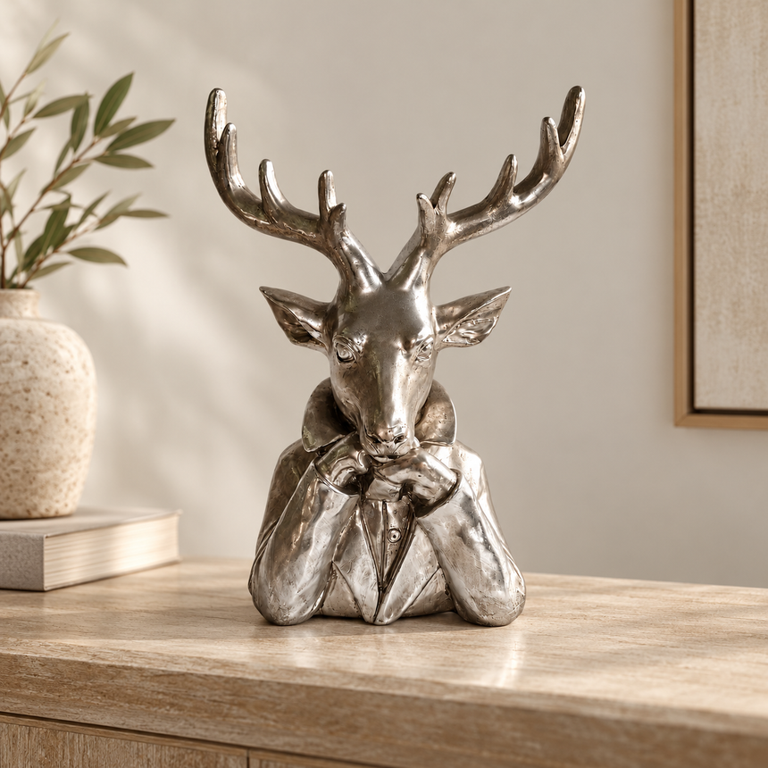 Sidabrinė pastatoma Kalėdinė dekoracija „Gentleman Deer“ 36,5x27x14 cm, sodoela, elegantiškas elnio figūros vaizdas