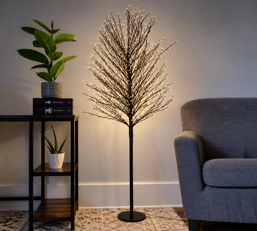 Juodų šakų medis 180 cm 900 LED šiltos baltos spalvos