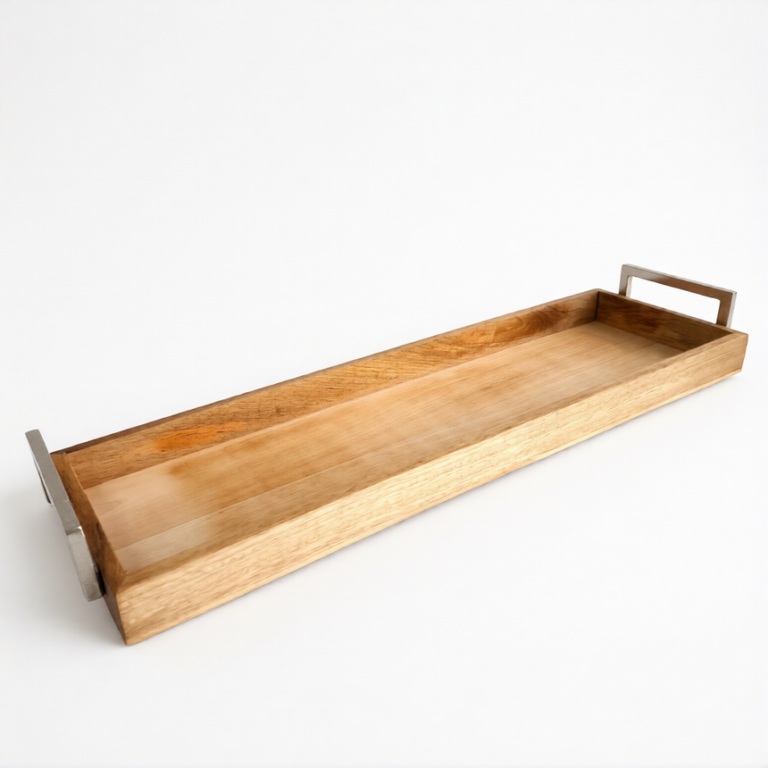 Stačiakampis medinis padėklas su metalo rankenėlėm 60,5x18x8 cm