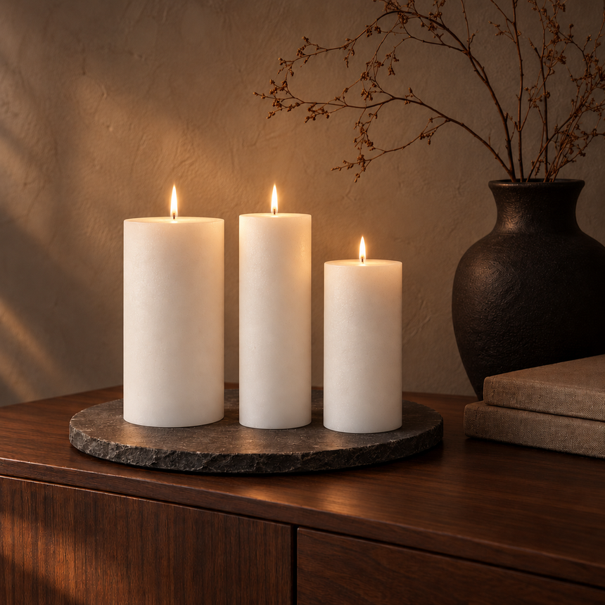 sodoela Žvakės Žvakė „Rustic Velvet“, balta – degančios žvakės