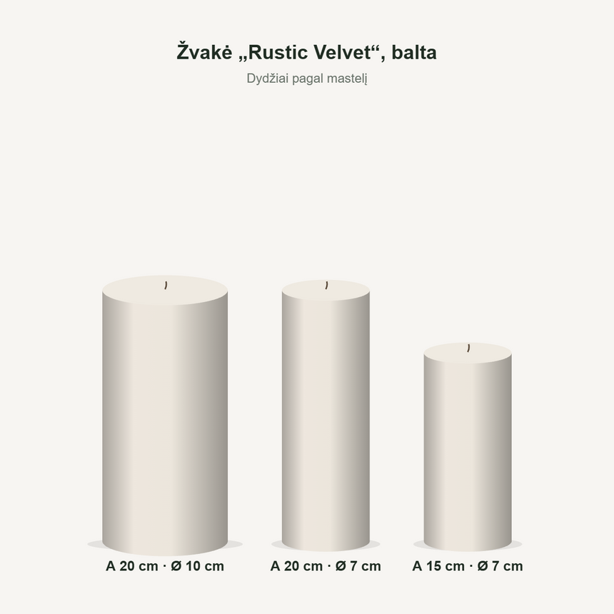 Žvakė „Rustic Velvet“, balta – dydžiai